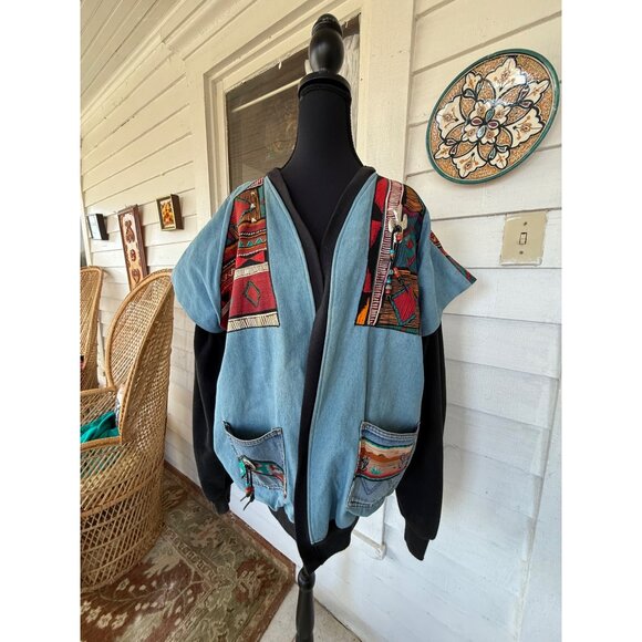 Vintage 80's handmade Southwestern-style denim jacket/sweatshirt Womens XL - Picture 15 of 16